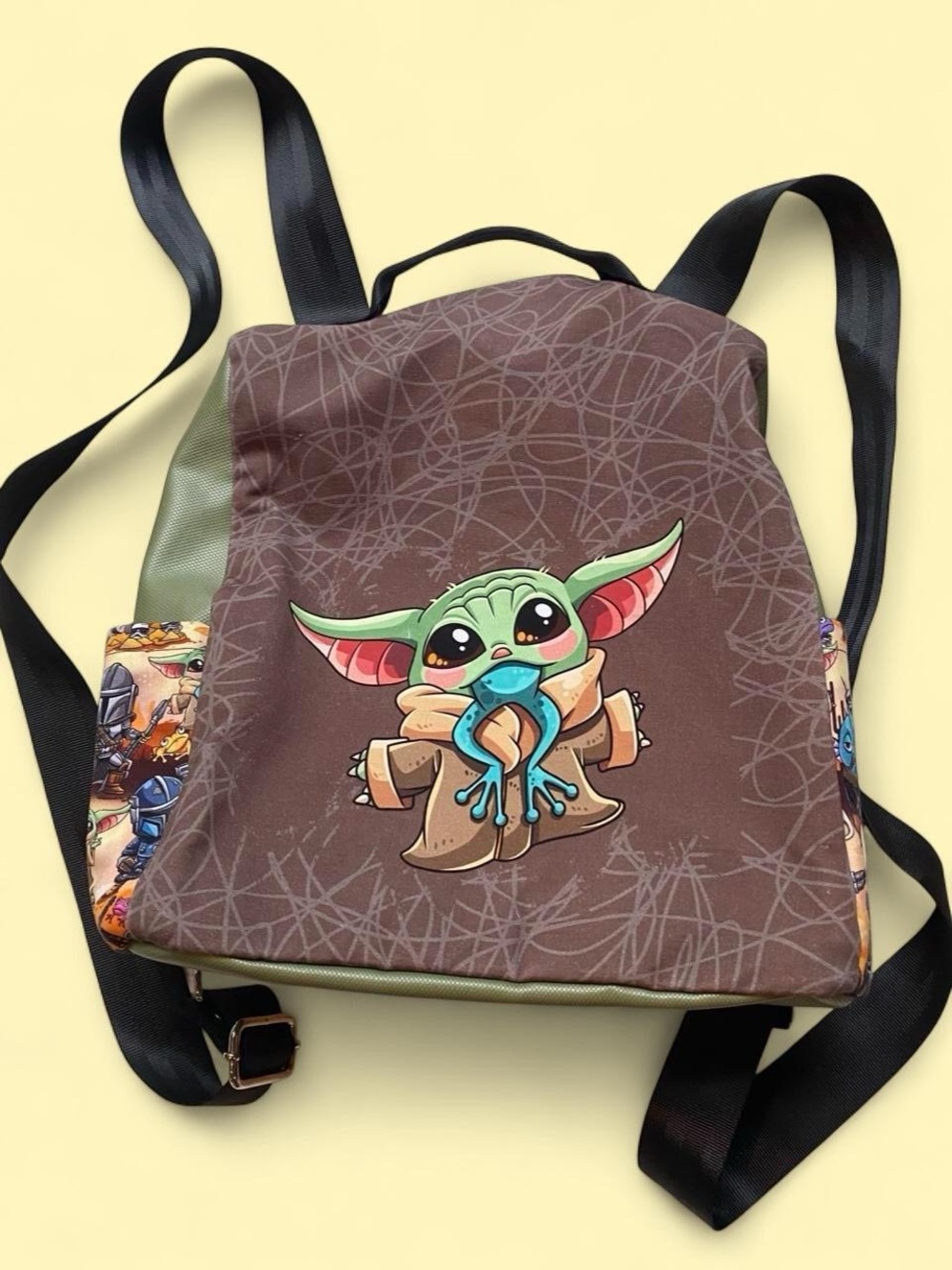 Cute Green Cartoon Character Brown Canvas Backpack